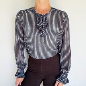 Lola & Sophie navy blue stripe tie neck ruffle trim sheer long sleeve blouse XS